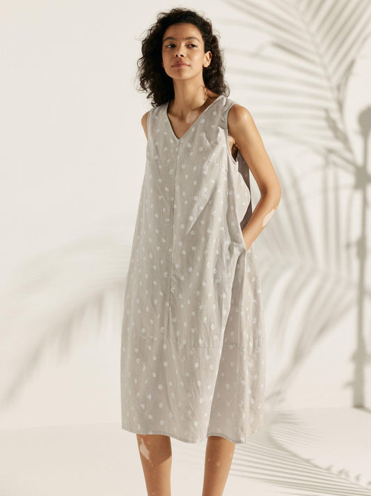 Linen V-Neck Loose Polka Dot Vest Dress