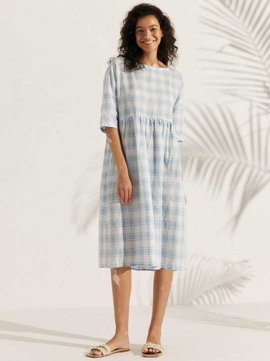 Linen Checked A-Line Midi Dress