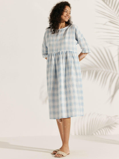 Linen Checked A-Line Midi Dress