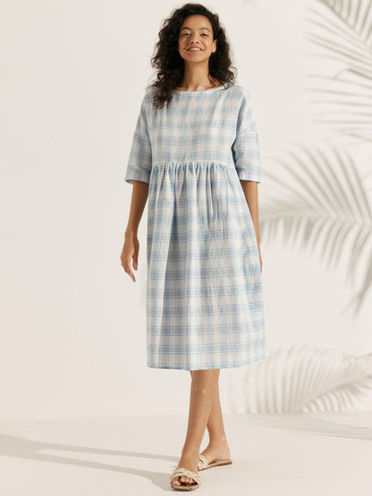 Linen Checked A-Line Midi Dress