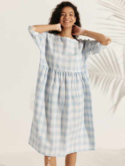 Linen Checked A-Line Midi Dress