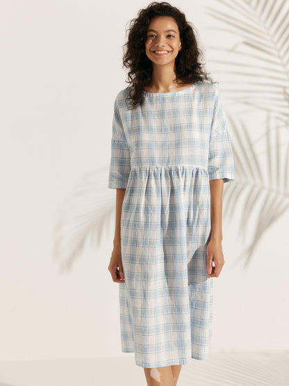 Linen Checked A-Line Midi Dress