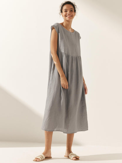 100% Linen Cap Sleeve Washed Maxi Dress JOAN