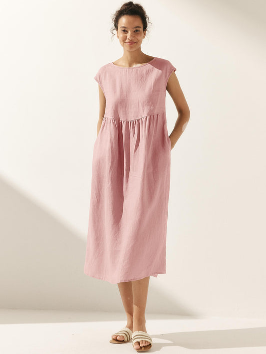 100% Linen Cap Sleeve Washed Maxi Dress JOAN