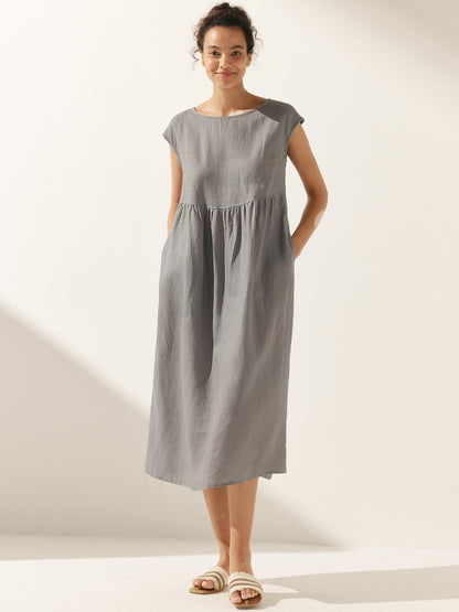 100% Linen Cap Sleeve Washed Maxi Dress JOAN