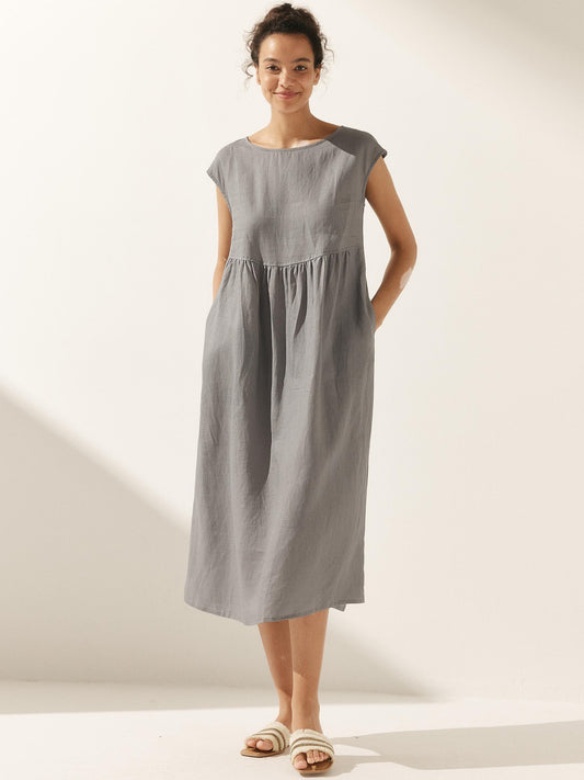 100% Linen Cap Sleeve Washed Maxi Dress JOAN