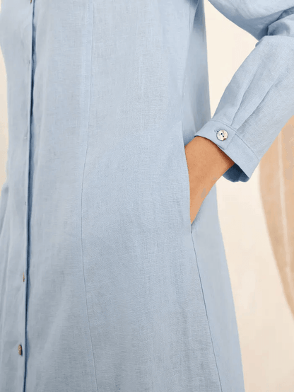 100% Linen Scoop Neck Half Placket Shirt Dress BELVA