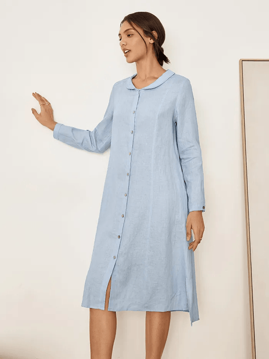 100% Linen Scoop Neck Half Placket Shirt Dress BELVA