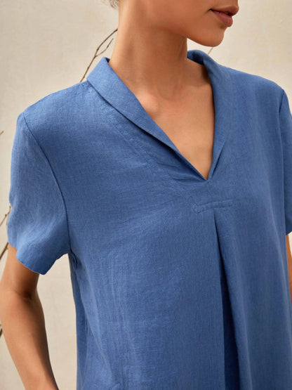 100% Linen Shawl V-Neck Midi Dress CLEO