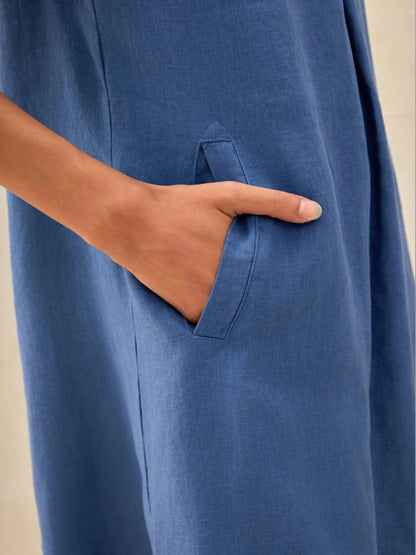 100% Linen Shawl V-Neck Midi Dress CLEO