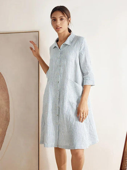 MADISON 100% Linen Striped Shirt Dress