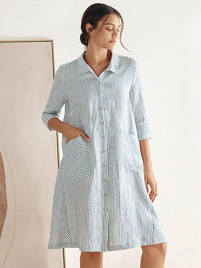 MADISON 100% Linen Striped Shirt Dress