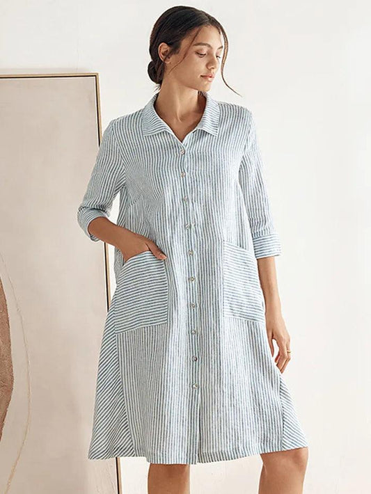 MADISON 100% Linen Striped Shirt Dress