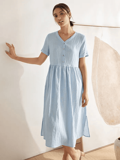 100% Linen V-Neck Gathered-Waist Dress