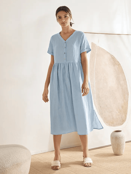 100% Linen V-Neck Gathered-Waist Dress