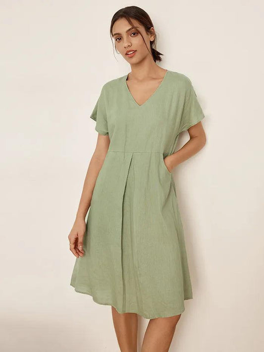 100% Linen V-Neck Pockets Swing Dress AINSLEY