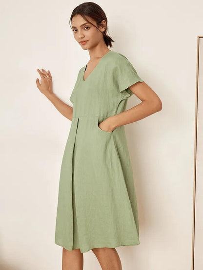 100% Linen V-Neck Pockets Swing Dress AINSLEY
