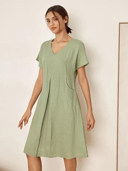 100% Linen V-Neck Pockets Swing Dress AINSLEY