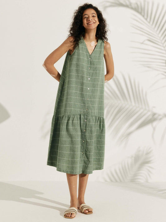 Linen Vacation Gingham Sleeveless V-Neck Mid-Length Dress