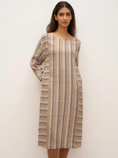 100% Linen Striped Crossweave Midi Dress ELSPETH