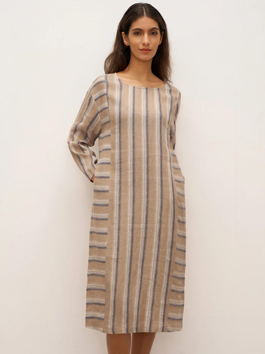 100% Linen Striped Crossweave Midi Dress ELSPETH