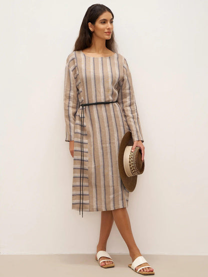 100% Linen Striped Crossweave Midi Dress ELSPETH