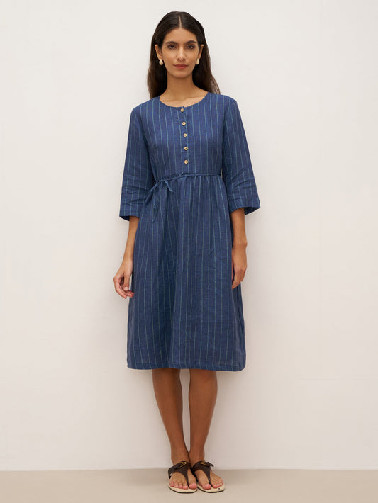100% Linen Striped A-Line Midi Dress with Belt JULIET