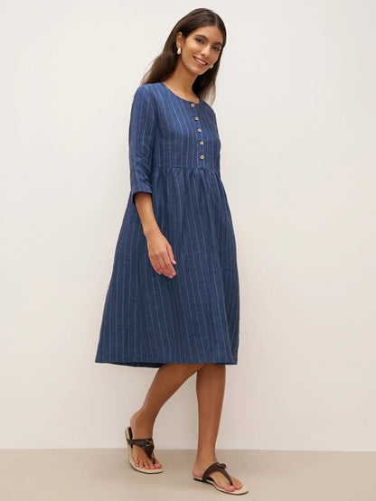 100% Linen Striped A-Line Midi Dress with Belt JULIET