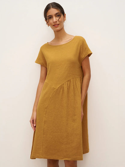 Linen Cap-Sleeve Textured Washed Midi Dress ALICE