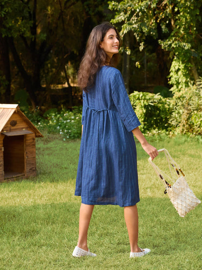 100% Linen Striped A-Line Midi Dress with Belt JULIET