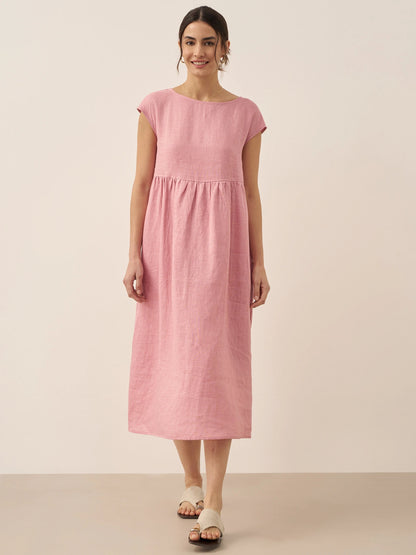 Linen Gingham Checked Cap Sleeve Washed Maxi Dress