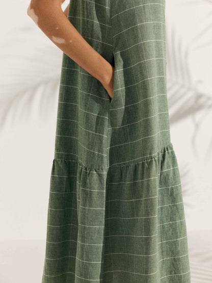 Linen Vacation Sleeveless V-Neck Mid-Length Dress CELINE