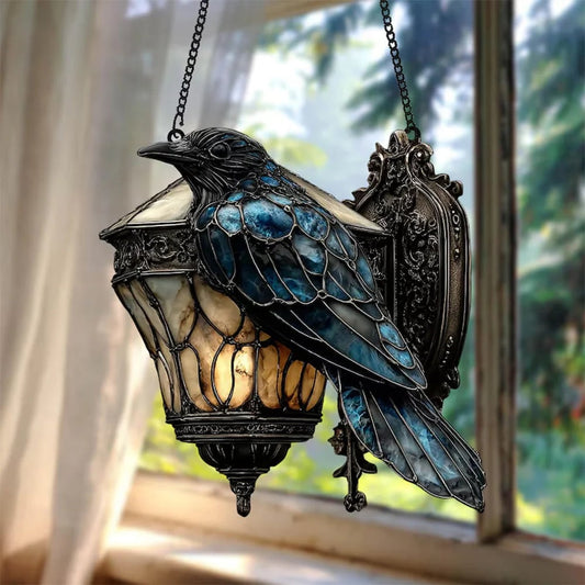 🐦‍⬛Exquisite Black Crow Lantern Decorative Suncatcher – Faux Stained Halloween Crow(3D)