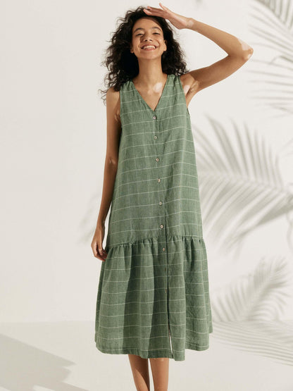 Linen Vacation Gingham Sleeveless V-Neck Mid-Length Dress