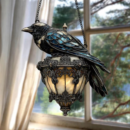 🐦‍⬛Exquisite Black Crow Lantern Decorative Suncatcher – Faux Stained Halloween Crow(3D)