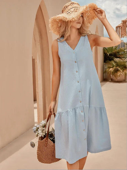 Linen Vacation Gingham Sleeveless V-Neck Mid-Length Dress