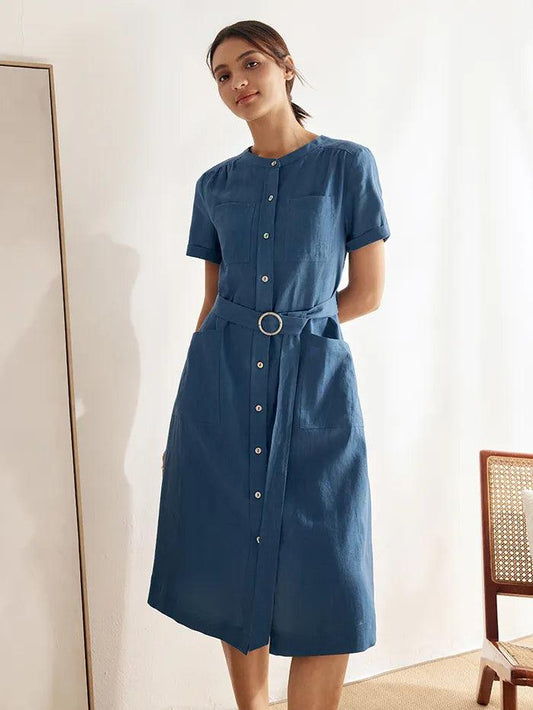 Linen Multi-Pocket Belted Shirt Dress