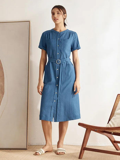 Linen Multi-Pocket Belted Shirt Dress