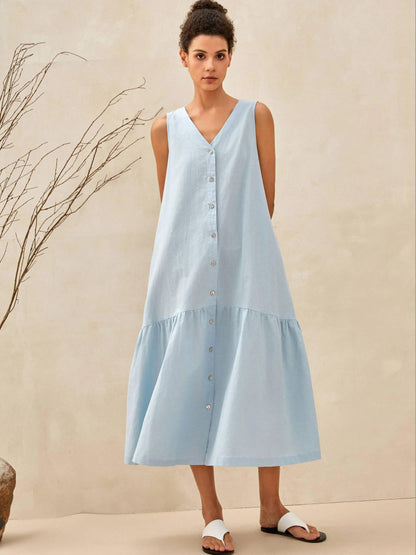 Linen Vacation Gingham Sleeveless V-Neck Mid-Length Dress