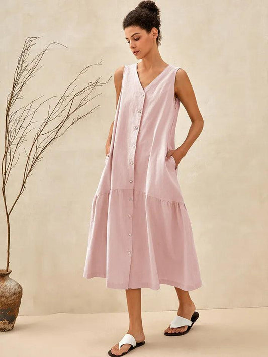 Linen Vacation Sleeveless V-Neck Mid-Length Dress CELINE