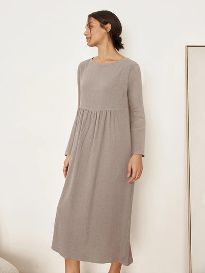 JANETTE 100% Linen Long-Sleeve Pleated Maxi Dress