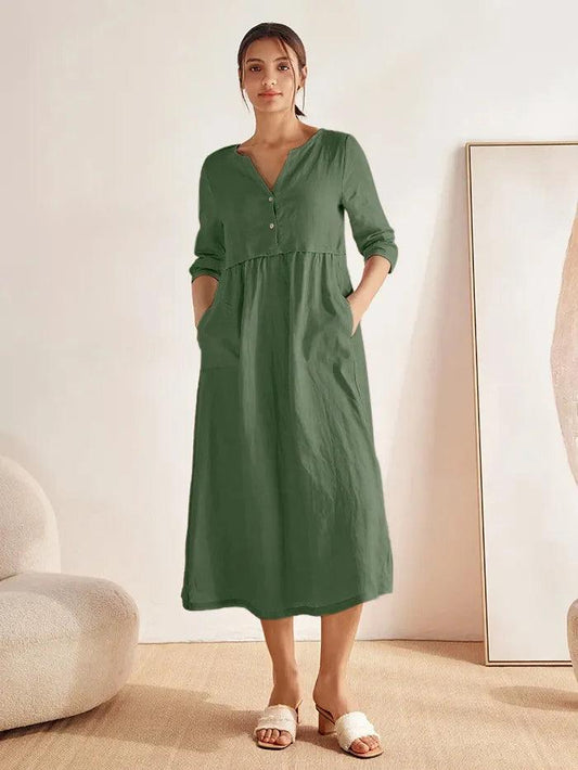 100% Linen Loose Fit Button Waist Gathered Maxi Dress LUNA