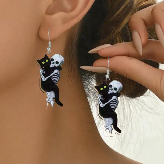 🖤 Skeleton & Black Cat Halloween Earrings
