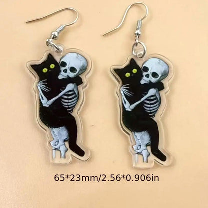 🖤 Skeleton & Black Cat Halloween Earrings