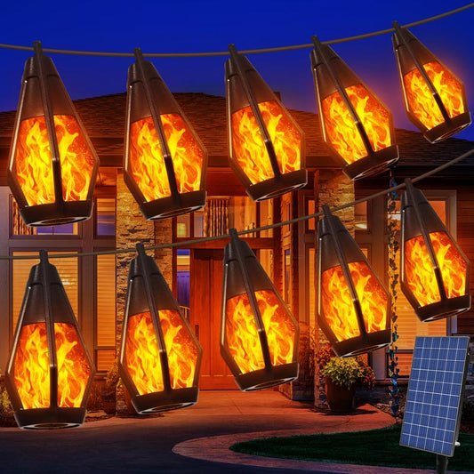 Outdoor Solar String Lights with 15 Flickering Flame Bulbs, Waterproof Warm White Solar Outdoor Lights for Garden Patio Gazebo Tavern Cafe Party Halloween Decoration
