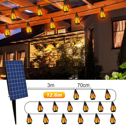 Outdoor Solar String Lights with 15 Flickering Flame Bulbs, Waterproof Warm White Solar Outdoor Lights for Garden Patio Gazebo Tavern Cafe Party Halloween Decoration