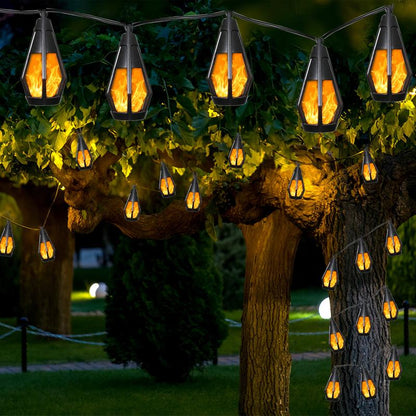 Outdoor Solar String Lights with 15 Flickering Flame Bulbs, Waterproof Warm White Solar Outdoor Lights for Garden Patio Gazebo Tavern Cafe Party Halloween Decoration