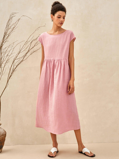 100% Linen Cap Sleeve Washed Maxi Dress JOAN