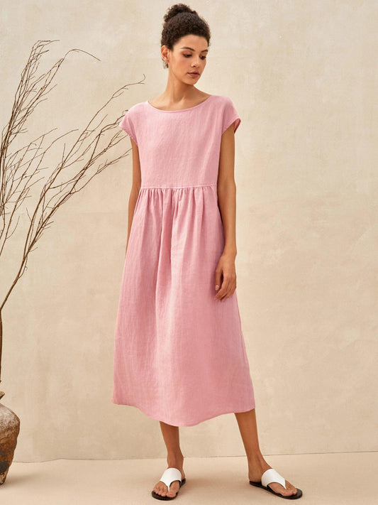 100% Linen Cap Sleeve Washed Maxi Dress JOAN