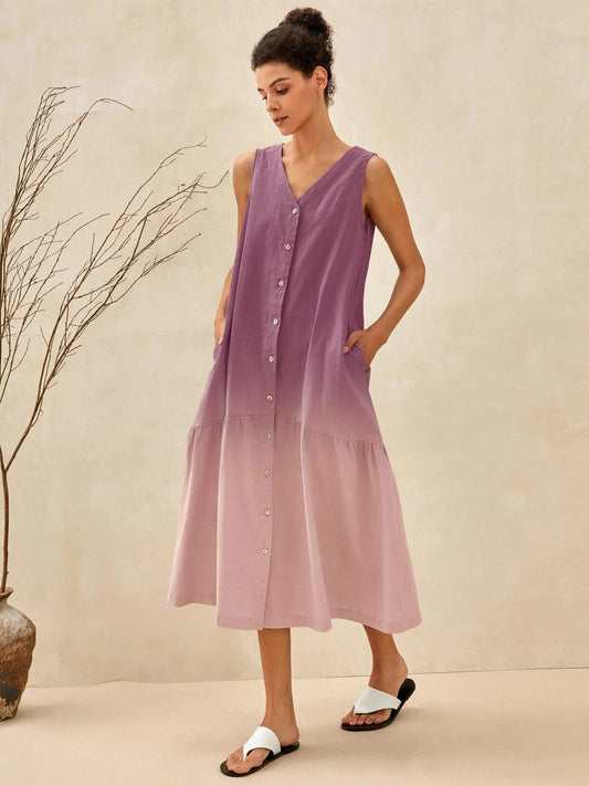 Linen Vacation Sleeveless V-Neck Mid-Length Dress CELINE